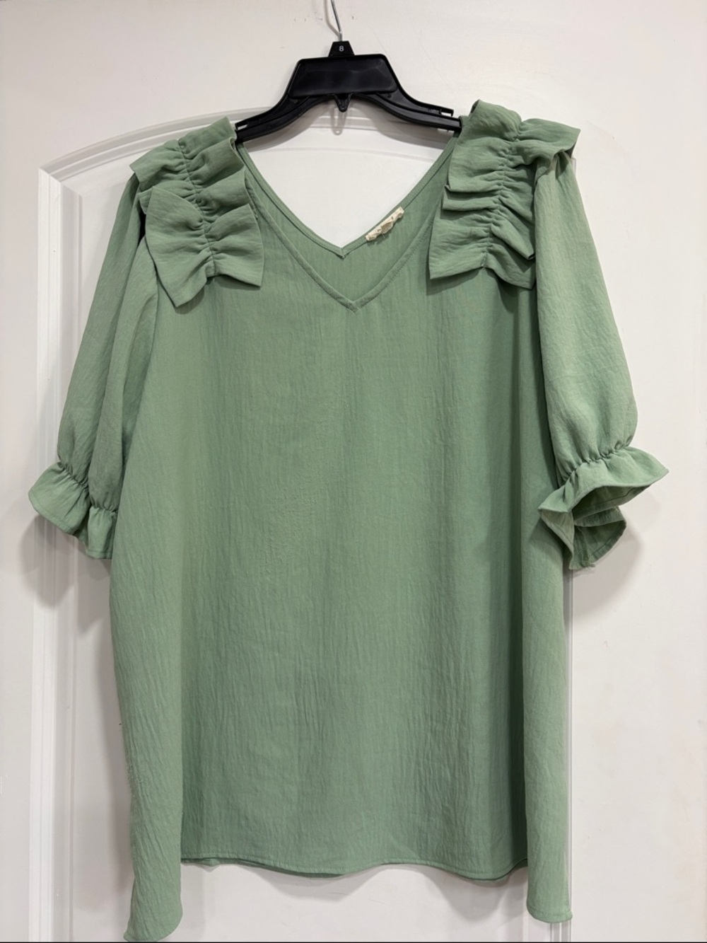 ODDY Sage Green V-Neck Ruffle Shoulder Blouse